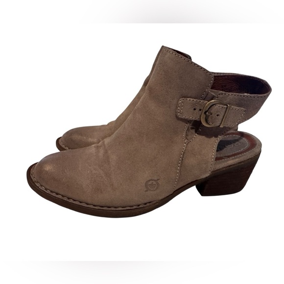 Born Margrit Women’s Sz 8 Taupe Suede Booties Open Slingback Buckle Heels Shoes - Picture 2 of 9